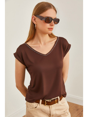 Olalook Women's Bitter Brown Silver Stitching Detailed V-Neck Knitted Viscose Blouse