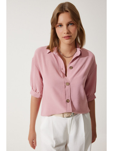 Happiness İstanbul Women's Pink Balloon Sleeve Linen Ayrobin Shirt