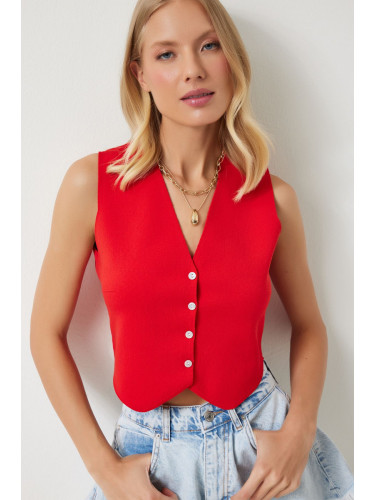 Happiness İstanbul Women's Red V-Neck Buttoned Summer Knitwear Vest