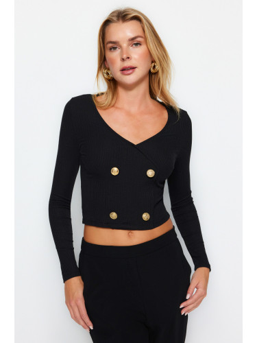 Trendyol Black Button Detailed V-Neck Ribbed Stretchy Crop Knitted Blouse