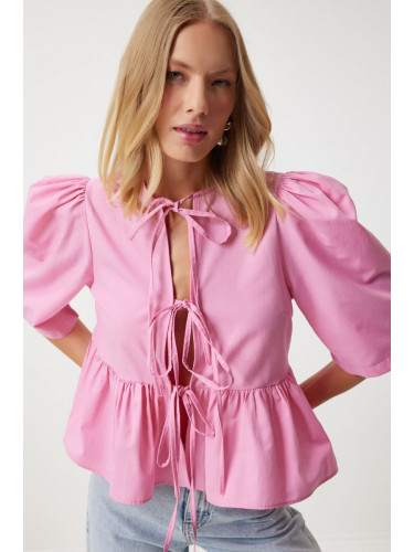 Happiness İstanbul Women's Pink Bow Balloon Sleeve Cotton Poplin Blouse