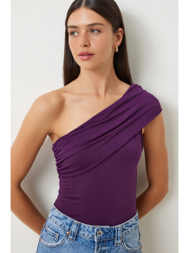 Happiness İstanbul Women's Purple One Shoulder Gathered Knitted Blouse