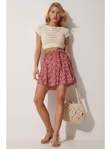 Happiness İstanbul Women's Red Floral Patterned Mini Knitted Shorts Skirt