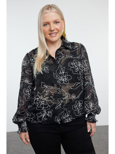 Trendyol Curve Black-White Floral Sleeveless Transparent Woven Plus Size Shirt