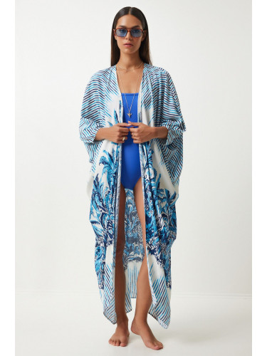 Happiness İstanbul Women's Blue Ecru Patterned Asymmetrical Viscose Kimono