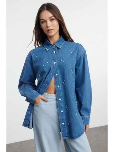 Trendyol Blue Pearl Stone Detailed Denim Shirt