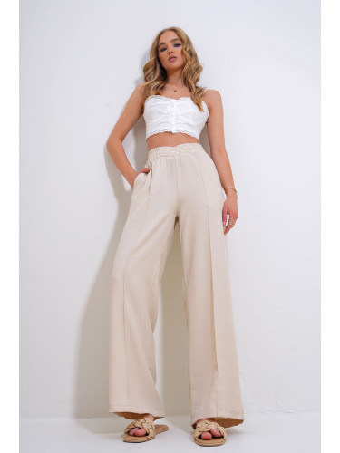 Trend Alaçatı Stili Women's Stone Double Breasted Elastic Waist Palazzo Trousers