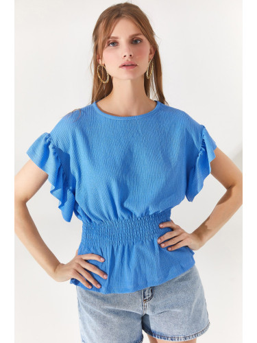 Olalook Women's Blue Bat Blouse with Elastic Waist and Frilly Sleeves