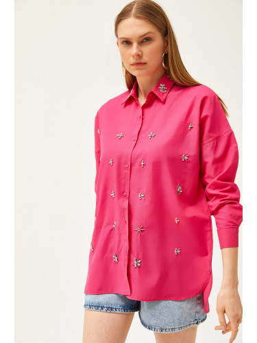 Olalook Women's Fuchsia Collar and Jewelled Front Six Oval Woven Shirt