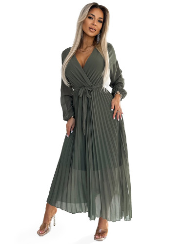 Numoco pleated chiffon dress with neckline, long sleeves and belt