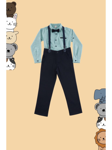 Trendyol Mint 4-Piece Boy Bow Tie Polka Dot Shirt Trousers Suspender Set