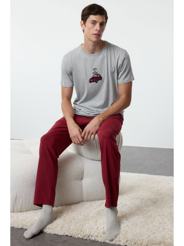 Trendyol Men's Gray - Claret Red Regular Fit Embroidered Knitted 3-Piece Pajama Set