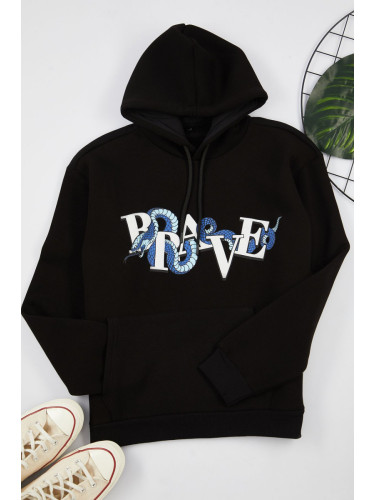 Trendyol Black Oversize/Wide Cut Hooded Puffy Print Fleece/Warm Sweatshirt