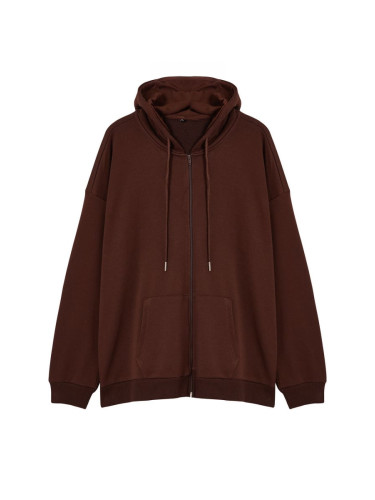 Trendyol Brown Plus Size Oversize Basic Hooded Zippered Inside Fleece Cotton Sweatshirt