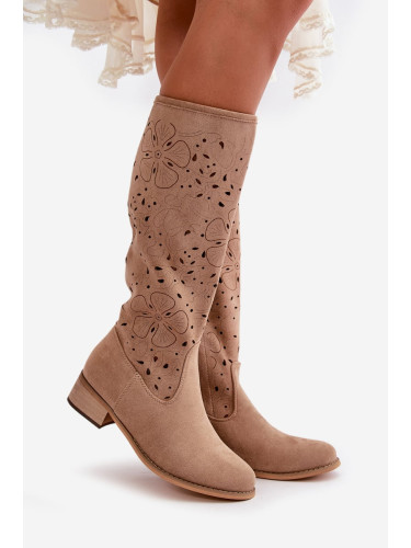 Openwork women's boots on a low heel eco suede fastened with a zipper dark beige orchids