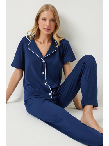 Happiness İstanbul Women's Navy Blue Piping Detailed Shirt Trousers Pajama Set