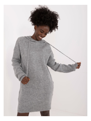 Gray knitted dress with a hood