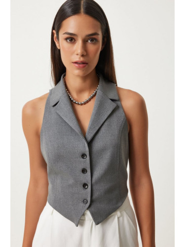 Happiness İstanbul Women's Gray Shawl Collar Woven Vest