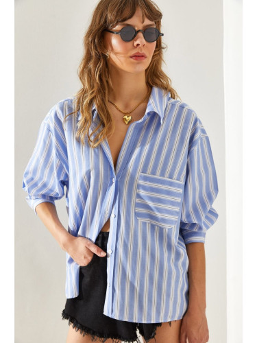 Bianco Lucci Women's V-Neck Oversize Striped Shirt 4458