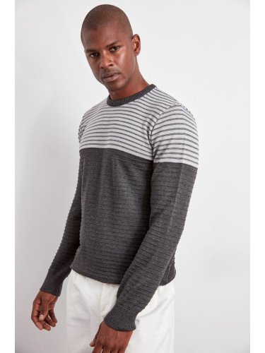 Trendyol Gray Slim Crew Neck Striped Knitwear Sweater