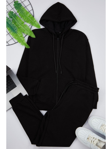 Trendyol Black Oversize/Wide Cut Hooded Basic Tracksuit Set