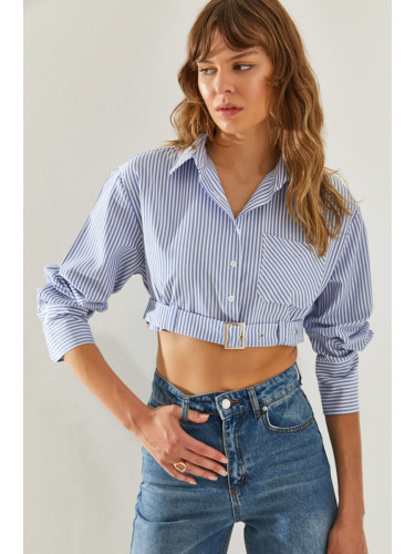 Bianco Lucci Women's Belt Detailed Striped Crop Shirt 4441