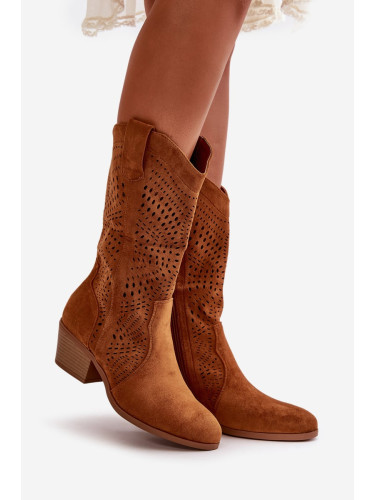 Openwork women's ankle boots Cowgirls on heel Camel Iceda