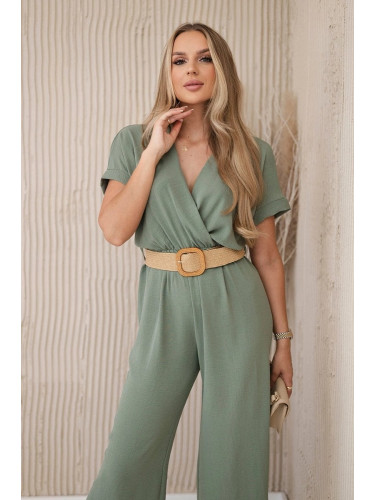 Overalls with a decorative belt at the waist light khaki