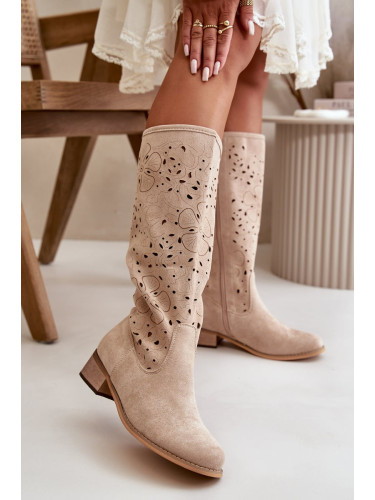 Openwork women's boots on a low heel Eco suede fastened with a zipper Beige orchids