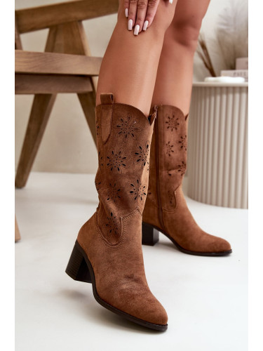 Women's mid-calf openwork boots made of eco suede brown Nevilos