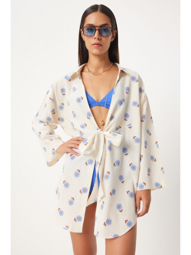 Happiness İstanbul Women's Ecru Blue Tied Linen Kimono