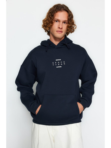 Trendyol Navy Blue Regular Fit Hooded Reflective Text Printed Sweatshirt