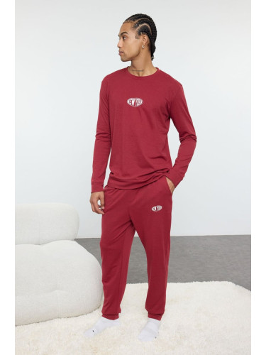 Trendyol Men's Claret Red Regular Fit Printed Knitted Pajama Set