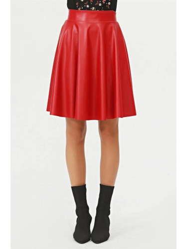 88854 Dewberry Flared Faux Leather Skirt-RED