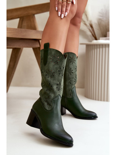 Women's mid-calf openwork boots made of eco suede green Nevilos