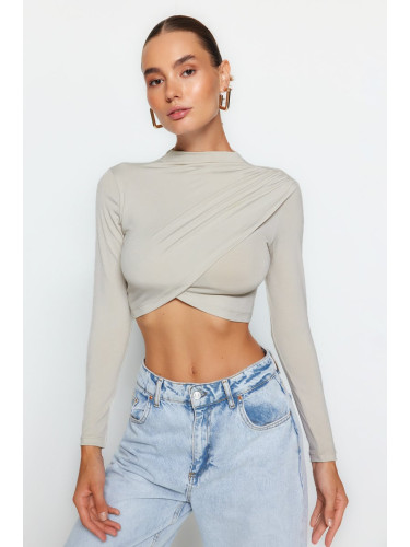 Trendyol Light Stone High Neck Draped Crop Blouse