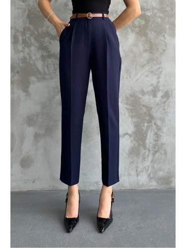 67537 Dewberry Skinny Leg Belted Women Trousers-NAVY