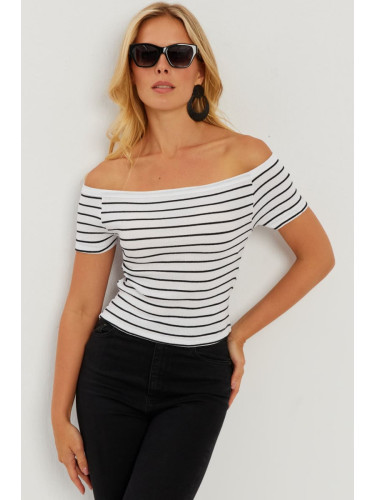 Cool & Sexy Women's White Madonna Collar Striped Camisole Blouse