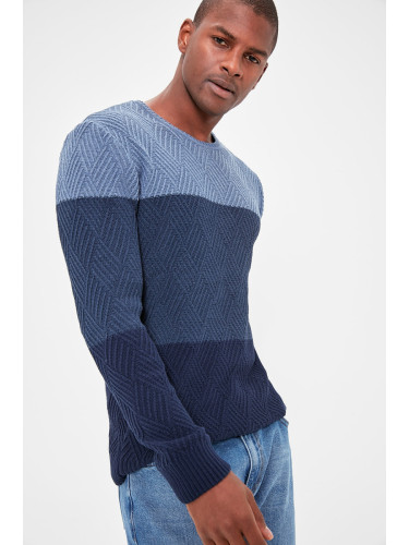 Trendyol Indigo Regular Crew Neck Color Block Knit Sweater