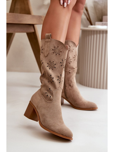 Women's half-calf openwork boots made of eco suede beige Nevilos