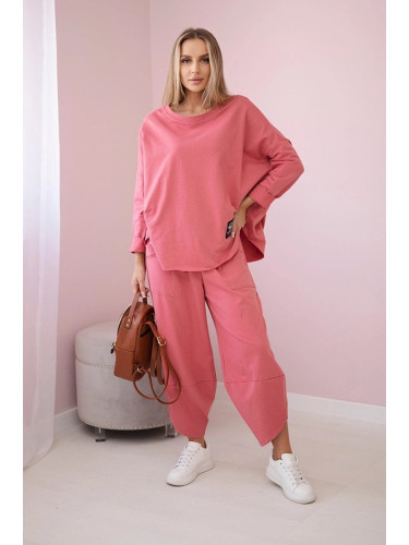 Set of cotton sweatshirt and pants in raspberry color