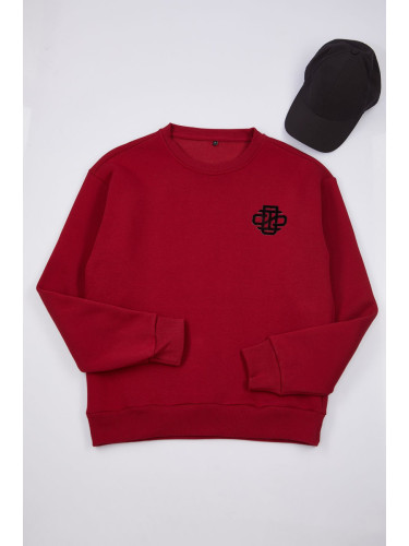 Trendyol Claret Red Oversize/Wide Cut Thick Sweatshirt with Embroidery Detail