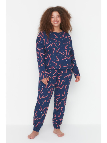 Trendyol Curve Navy Blue Christmas Themed Knitted Pajamas Set