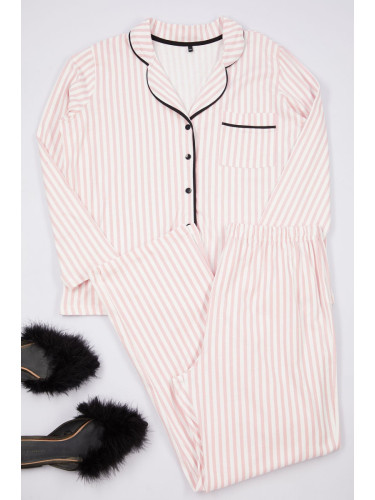 Trendyol Curve Pink Striped Shirt Collar Piping Knitted Pajama Set