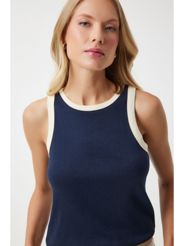 Happiness İstanbul Women's Navy Blue Sleeveless Contrast Colored Blouse