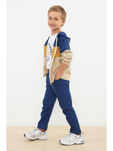 Trendyol Navy Blue 3-Piece Boy Cardigan-T-shirt-Pants Set Cotton Knitted Bottom-Top Set