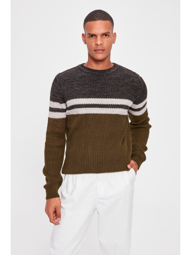 Trendyol Khaki Regular Crew Neck Color Block Knitwear Sweater