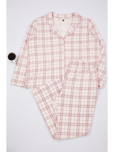 Trendyol Curve Pink Plaid Shirt Collar Knitted Pajama Set