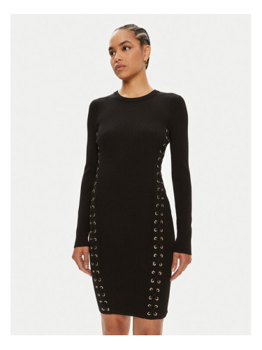 MICHAEL Michael Kors Плетена рокля Ribbed Stretch Knit Lace-Up MT482FQ5ZV Черен Slim Fit