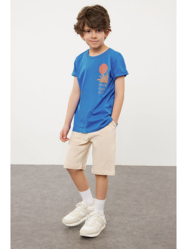 Trendyol Saks Boy's Back Printed Short Sleeve T shirt Shorts Set Cotton Knitted Bottom-Top Set